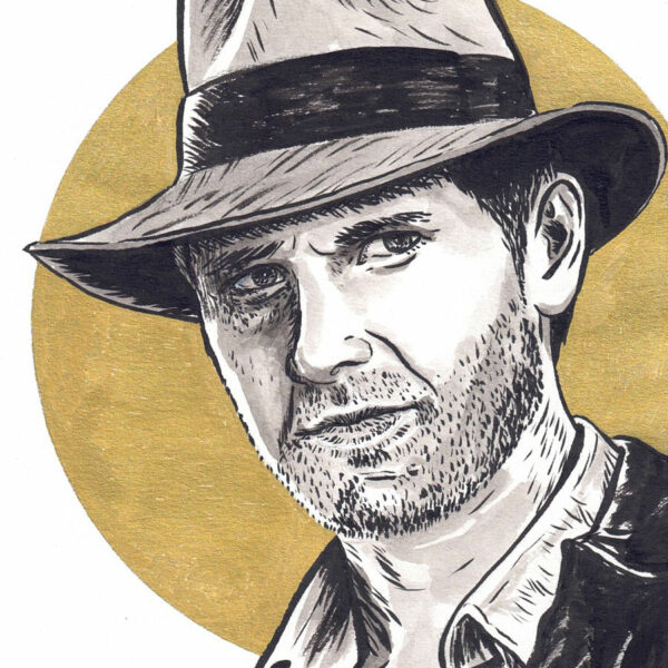 Dessin original encre de Chine et peinture dorée - Illustration de Marie Roumégoux | Gib - Indy / Indiana Jones (Harrison Ford)