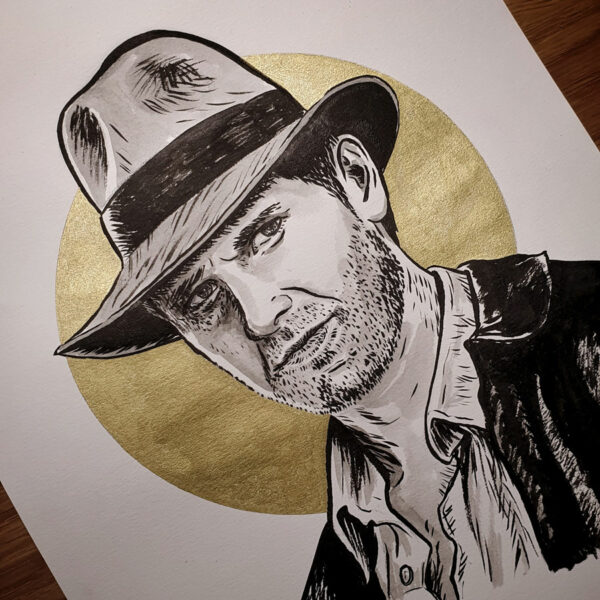 Dessin original encre de Chine et peinture dorée - Illustration de Marie Roumégoux | Gib - Indy / Indiana Jones (Harrison Ford)