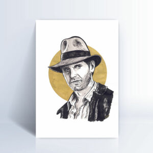Dessin original encre de Chine et peinture dorée - Illustration de Marie Roumégoux | Gib - Indy / Indiana Jones (Harrison Ford)