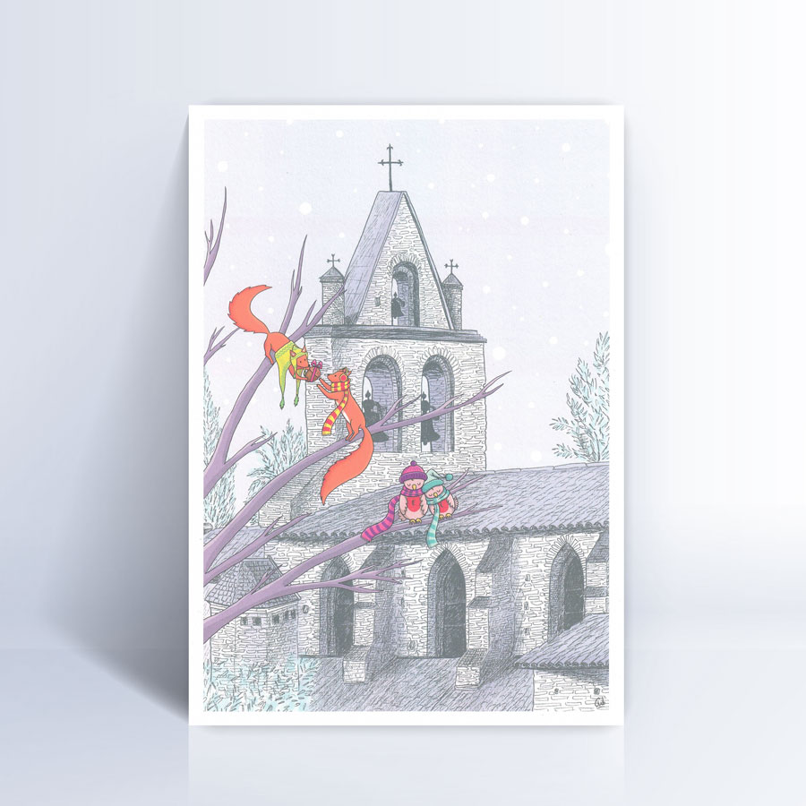 Tirage d'art A4 - Illustration de Marie Roumégoux | Gib - Eglise à Noël