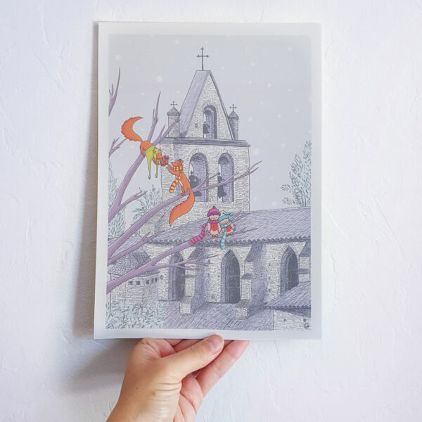 Tirage d'art A4 - Illustration de Marie Roumégoux | Gib - Eglise à Noël